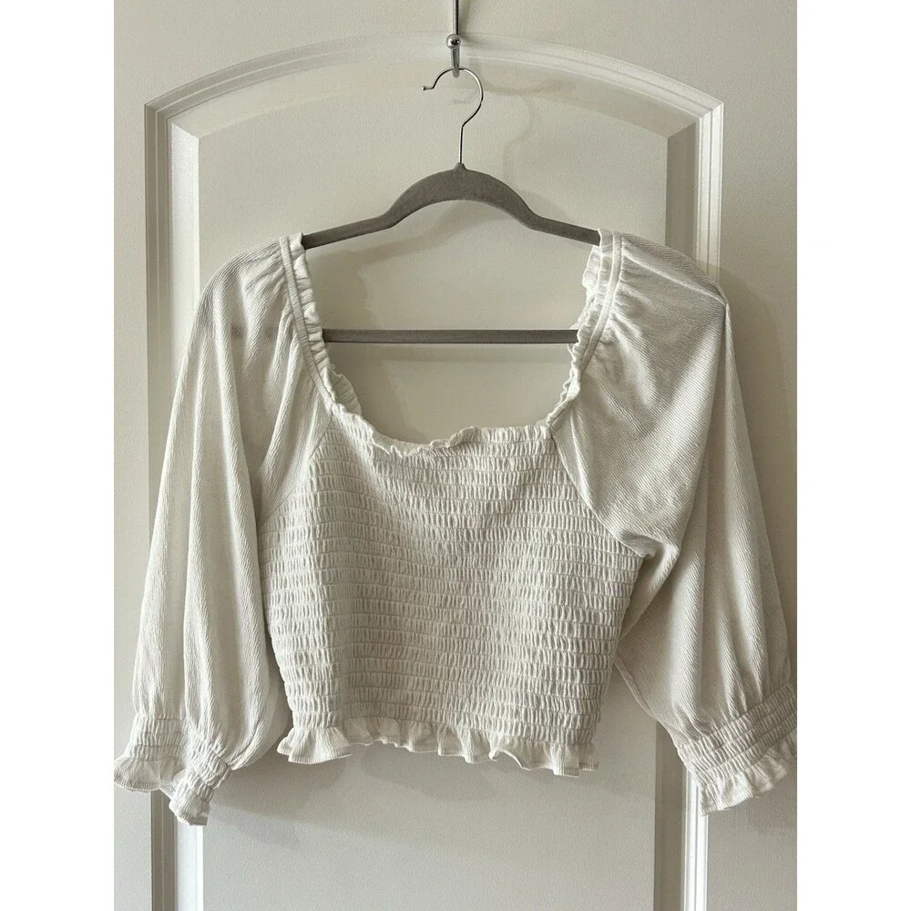 Free People Size M Brenyce Ivory Smocked Crop Off the Shoulder puff sleeve Top
